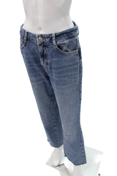 Zara Women Straight Jeans Blue High Waist Button 100% Cotton Size 6