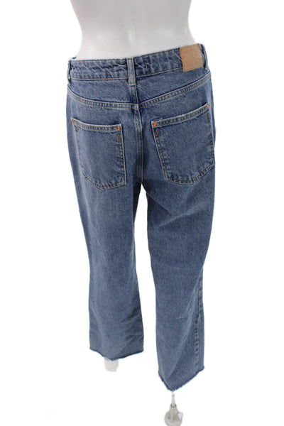 Zara Women Straight Jeans Blue High Waist Button 100% Cotton Size 6