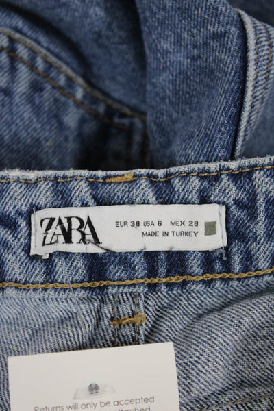 Zara Women Straight Jeans Blue High Waist Button 100% Cotton Size 6