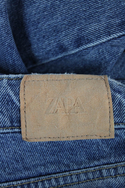 Zara Women Straight Jeans Blue High Waist Button 100% Cotton Size 6