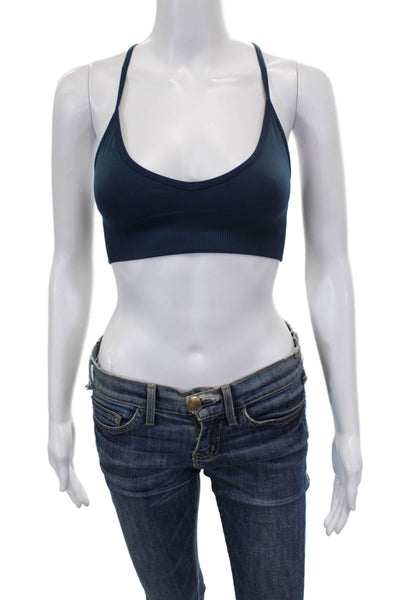 Lululemon Womens Spaghetti Strap Ribbed Knit Trim V Neck Sports Bra Blue Size 4