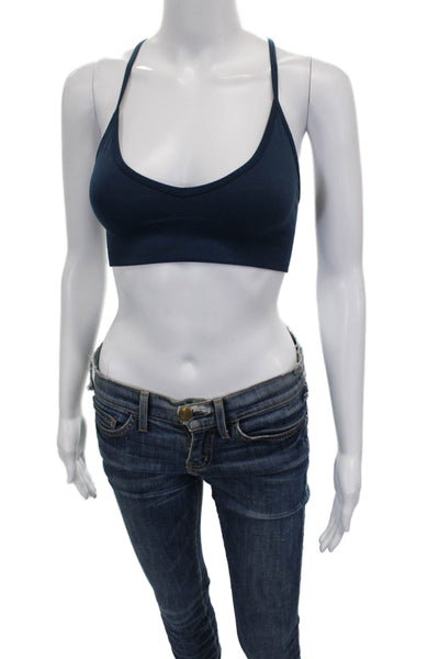 Lululemon Womens Spaghetti Strap Ribbed Knit Trim V Neck Sports Bra Blue Size 4