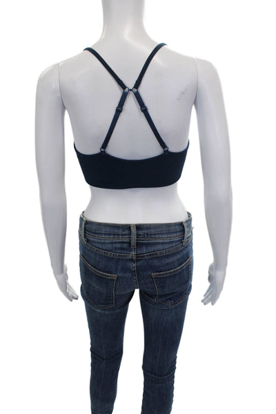 Lululemon Womens Spaghetti Strap Ribbed Knit Trim V Neck Sports Bra Blue Size 4
