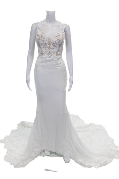 Enzoani Womens Floral Embroidered Lace Trim Wedding Dress White Size Small