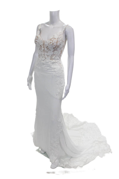 Enzoani Womens Floral Embroidered Lace Trim Wedding Dress White Size Small