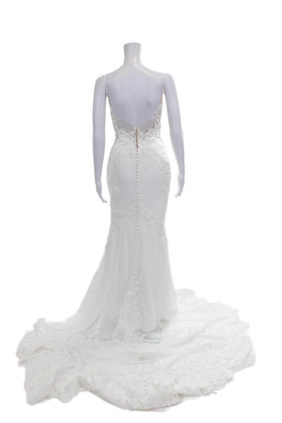 Enzoani Womens Floral Embroidered Lace Trim Wedding Dress White Size Small