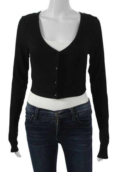 Splits 59 Women Basic V Neck Button Up Black Long Sleeve Sweater Size M