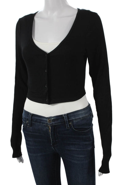 Splits 59 Women Basic V Neck Button Up Black Long Sleeve Sweater Size M