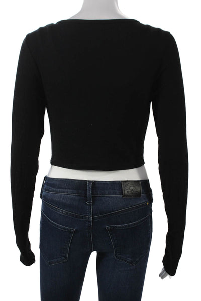 Splits 59 Women Basic V Neck Button Up Black Long Sleeve Sweater Size M