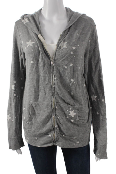Monrow Womens Full Zip Star Print Rayon Hoodie Gray V Neck Size L