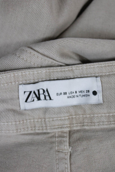 Zara Women Cropped Beige Cotton Pants Button Closure Inseam 30 Size 6