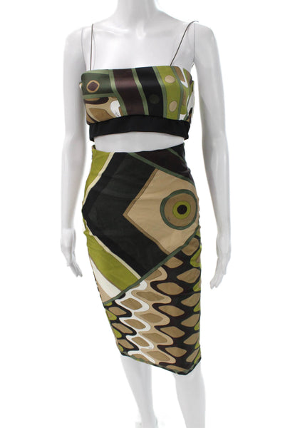 Emilio Pucci Womens Geometric Print Tank Top Skirt Set Brown Green Size 8/Small