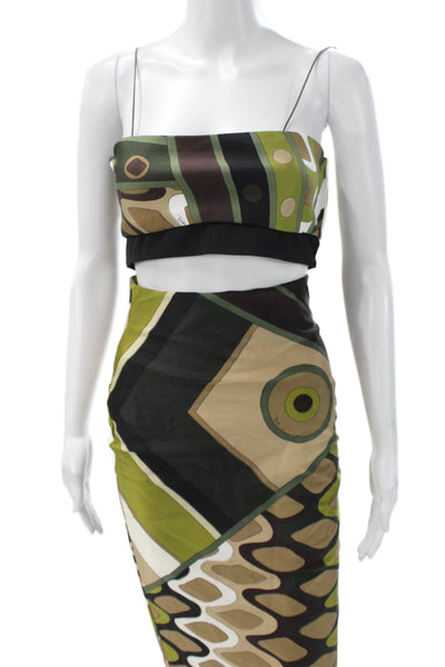Emilio Pucci Womens Geometric Print Tank Top Skirt Set Brown Green Size 8/Small