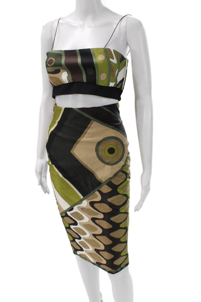 Emilio Pucci Womens Geometric Print Tank Top Skirt Set Brown Green Size 8/Small