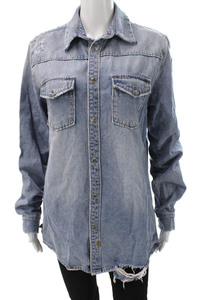 Ksubi Women Collared Cotton Button-Up Coat Blue Distressed Long Sleeve Size S