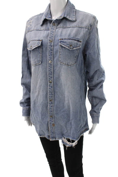 Ksubi Women Collared Cotton Button-Up Coat Blue Distressed Long Sleeve Size S