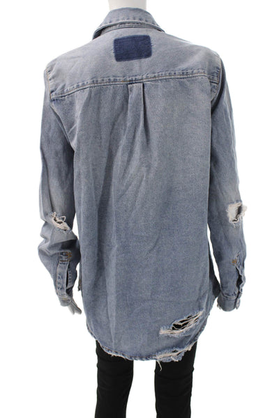 Ksubi Women Collared Cotton Button-Up Coat Blue Distressed Long Sleeve Size S
