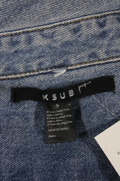 Ksubi Women Collared Cotton Button-Up Coat Blue Distressed Long Sleeve Size S