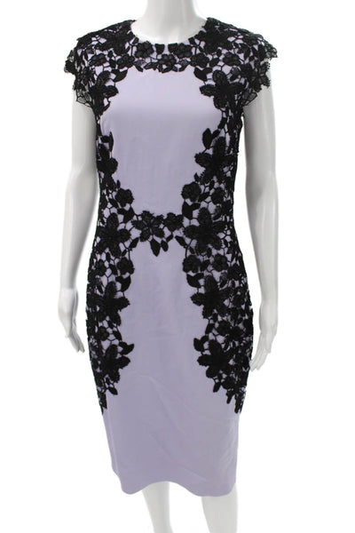Lela Rose Women Purple Floral Sheath Midi Dress Viscose Short Sleeve Zip Size 8