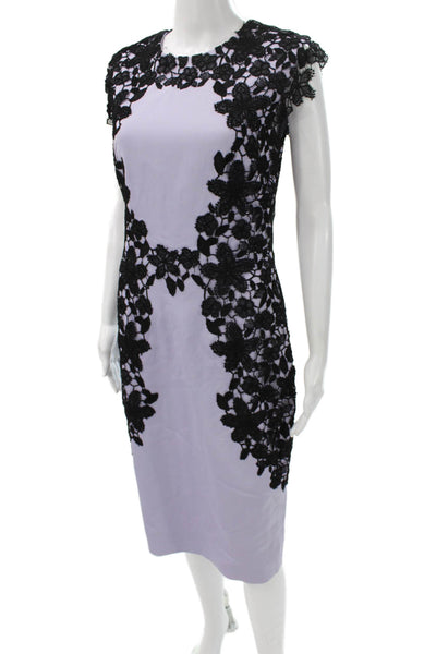 Lela Rose Women Purple Floral Sheath Midi Dress Viscose Short Sleeve Zip Size 8