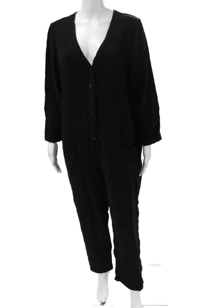 Rachel Pally Womens Jumpsuit Black Cotton V Neck Long Sleeve Button Size XL