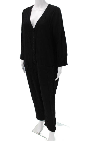 Rachel Pally Womens Jumpsuit Black Cotton V Neck Long Sleeve Button Size XL
