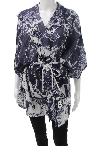 Balmain Women Blue Cotton Kimono Robe V-Neck Geometric 3/4 Sleeve Size L