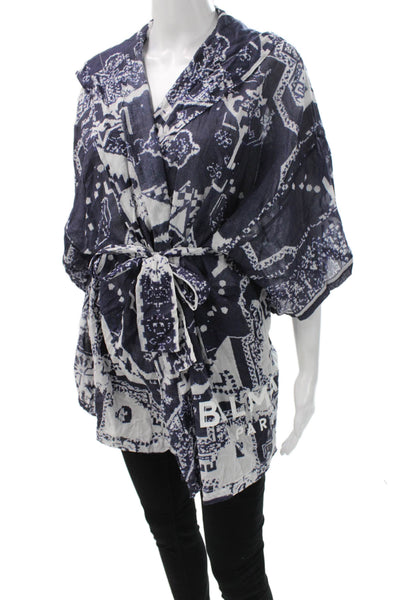 Balmain Women Blue Cotton Kimono Robe V-Neck Geometric 3/4 Sleeve Size L