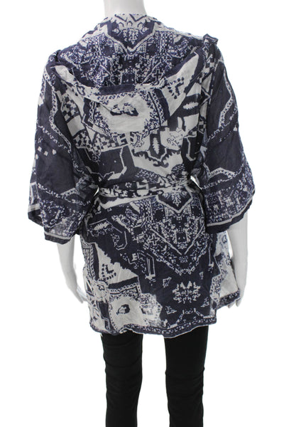 Balmain Women Blue Cotton Kimono Robe V-Neck Geometric 3/4 Sleeve Size L