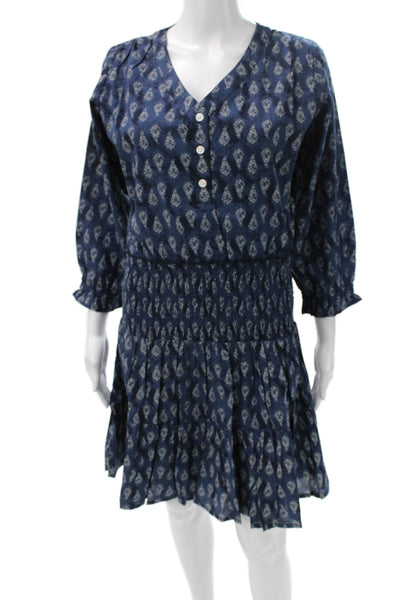 Madison Mathews Women Boho Paisley Mini Dress Blue V-Neck 3/4 Sleeve Size S