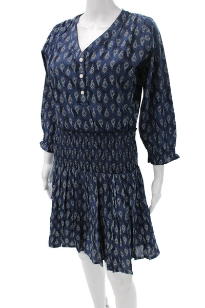 Madison Mathews Women Boho Paisley Mini Dress Blue V-Neck 3/4 Sleeve Size S