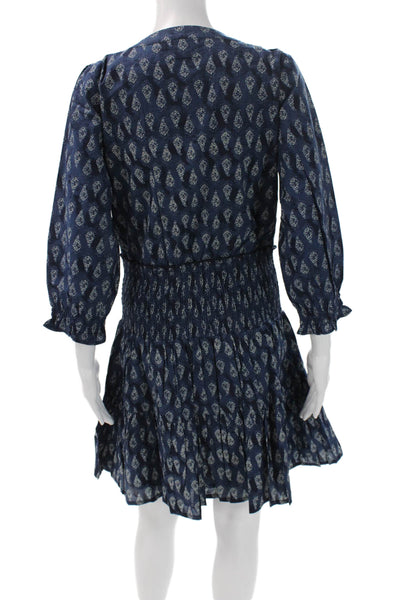 Madison Mathews Women Boho Paisley Mini Dress Blue V-Neck 3/4 Sleeve Size S
