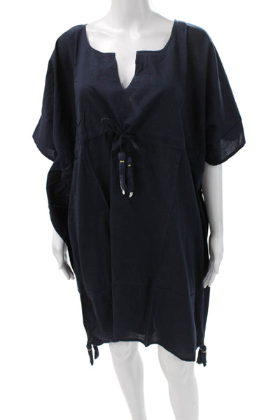 Madison Mathews Women Kaftan Dress Blue VNeck Short Sleeve Cotton Size One Size