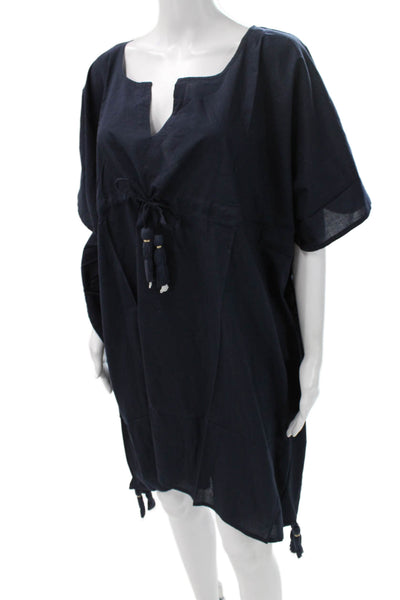 Madison Mathews Women Kaftan Dress Blue VNeck Short Sleeve Cotton Size One Size