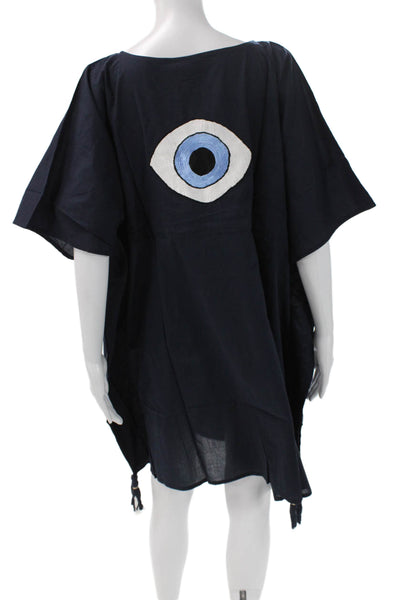 Madison Mathews Women Kaftan Dress Blue VNeck Short Sleeve Cotton Size One Size