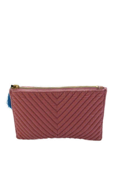 J Crew Womens Zip Top Quilted Velvet Tassel Pouch Clutch Handbag Pink Blue