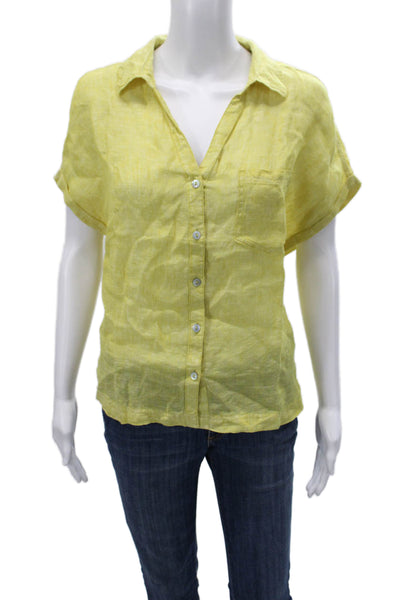 C&C California Women Yellow Linen Collared Short Sleeve Button-Up Top Size L