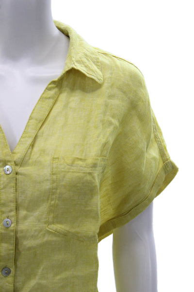 C&C California Women Yellow Linen Collared Short Sleeve Button-Up Top Size L