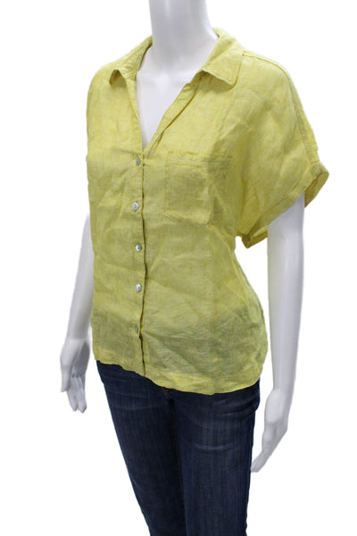 C&C California Women Yellow Linen Collared Short Sleeve Button-Up Top Size L