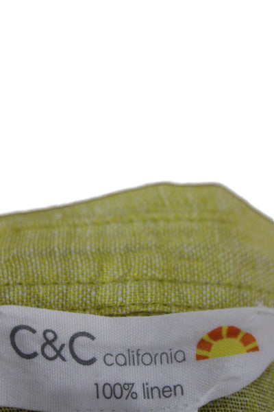 C&C California Women Yellow Linen Collared Short Sleeve Button-Up Top Size L