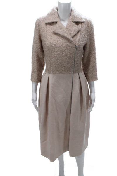 Designer Women Jacket Dress Wool Beige Collared 3/4 Sleeve Full Length Size L