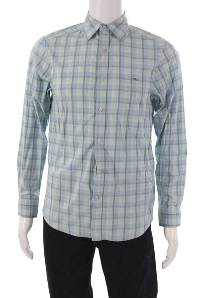 Vineyard Vines Mens Plaid Button Down Shirt Blue Mint Green Size Extra Small