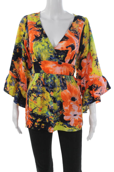Betsey Johnson Women Tunic Multicolor Floral V Neck 3/4 Sleeve Size S