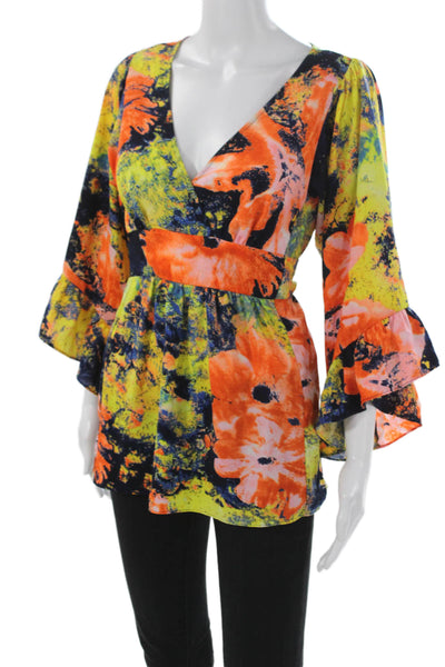 Betsey Johnson Women Tunic Multicolor Floral V Neck 3/4 Sleeve Size S