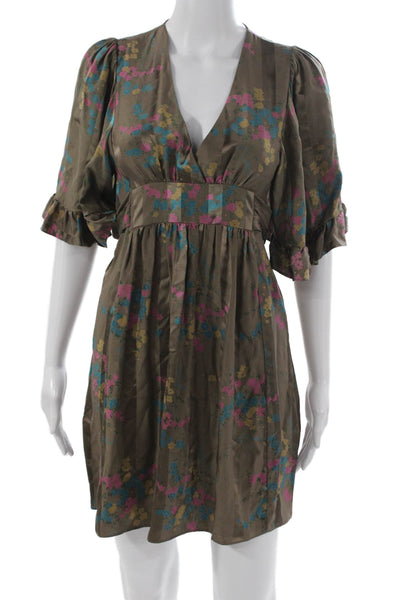 Betsey Johnson Women Multicolor Silk V-Neck Tie Waist Mini Dress Size 2