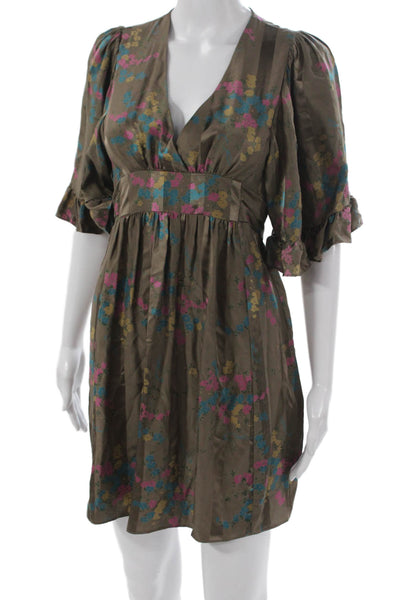Betsey Johnson Women Multicolor Silk V-Neck Tie Waist Mini Dress Size 2