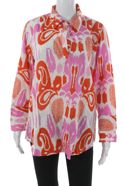 Madison Mathews Womens Paisley Tunic Blouse Cotton Collared Long Sleeve Size S