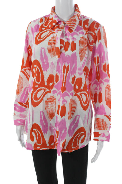 Madison Mathews Womens Paisley Tunic Blouse Cotton Collared Long Sleeve Size S