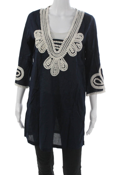 J Crew Womens Kaftan Blouse Blue V Neck 3/4 Sleeve Cotton Size XS