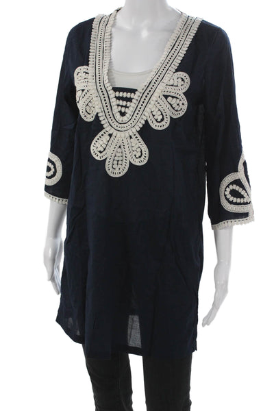 J Crew Womens Kaftan Blouse Blue V Neck 3/4 Sleeve Cotton Size XS